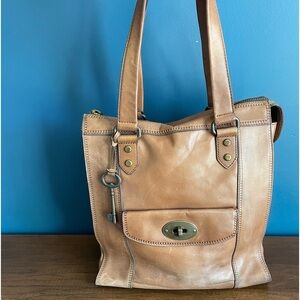 Genuine FOSSIL Vintage Tan Leather Weekender Tote Bag Large Purse Travel Bag